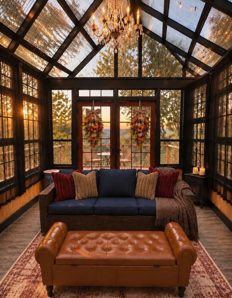 Inside The Glasshouse: a navy sofa, leather bench and chandelier, with French doors open to the deck at sunset