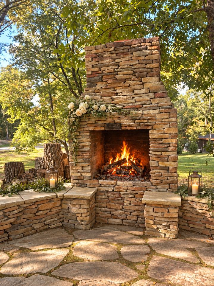 The outdoor stone fireplace with a fire going, flowers, and lanterns on the stone patio